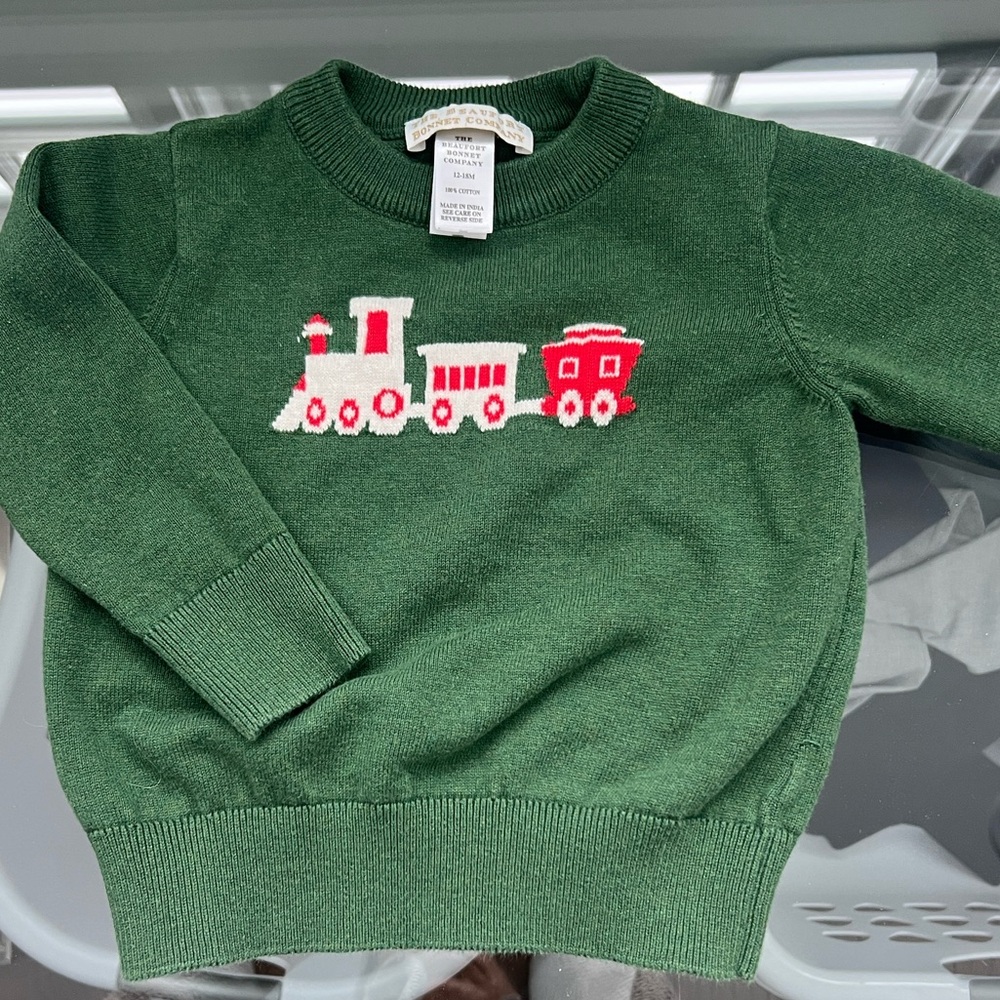 The Beaufort Bonnet Company - Green Sweater with Train Design 12/18 M